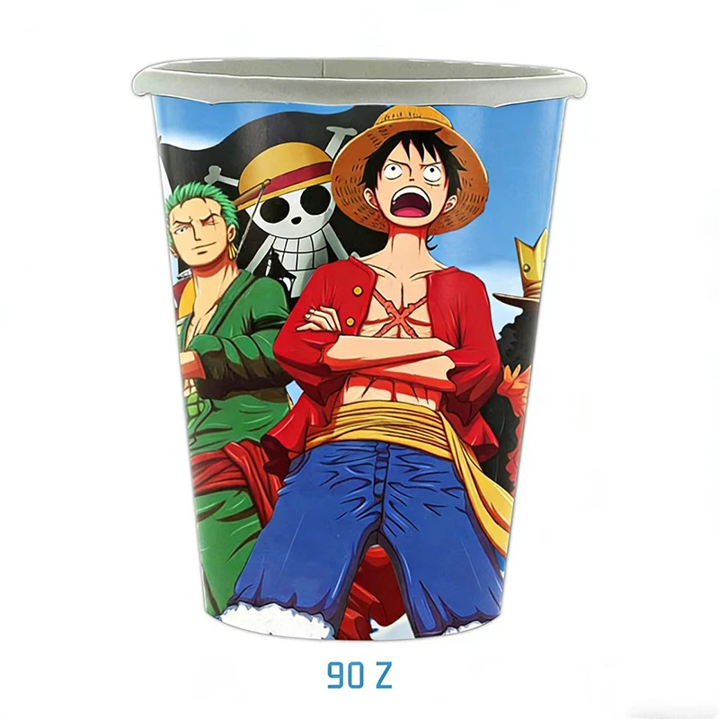 Zestaw dekoracji na przyjęcie urodzinowe w stylu One Piece: papierowe naczynia jednorazowe, kubki, talerze, serwetki, akcesoria imprezowe, breloczki, bransoletki do torebek. — zdjęcie 6