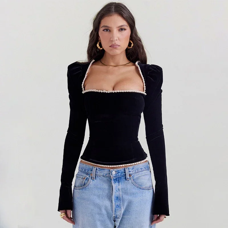 

Vintage Black Velvet Corset Top Square Collar Long Sleeve Blouse For Women Fashion 2024 Autumn Winter Elegant Blouses And Shirts