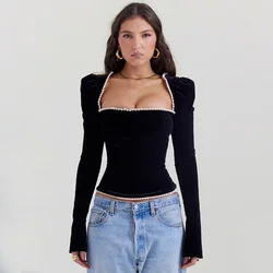 Vintage Black Velvet Corset Top Square Collar Long Sleeve Blouse For Women Fashion 2024 Autumn Winter Elegant Blouses And Shirts