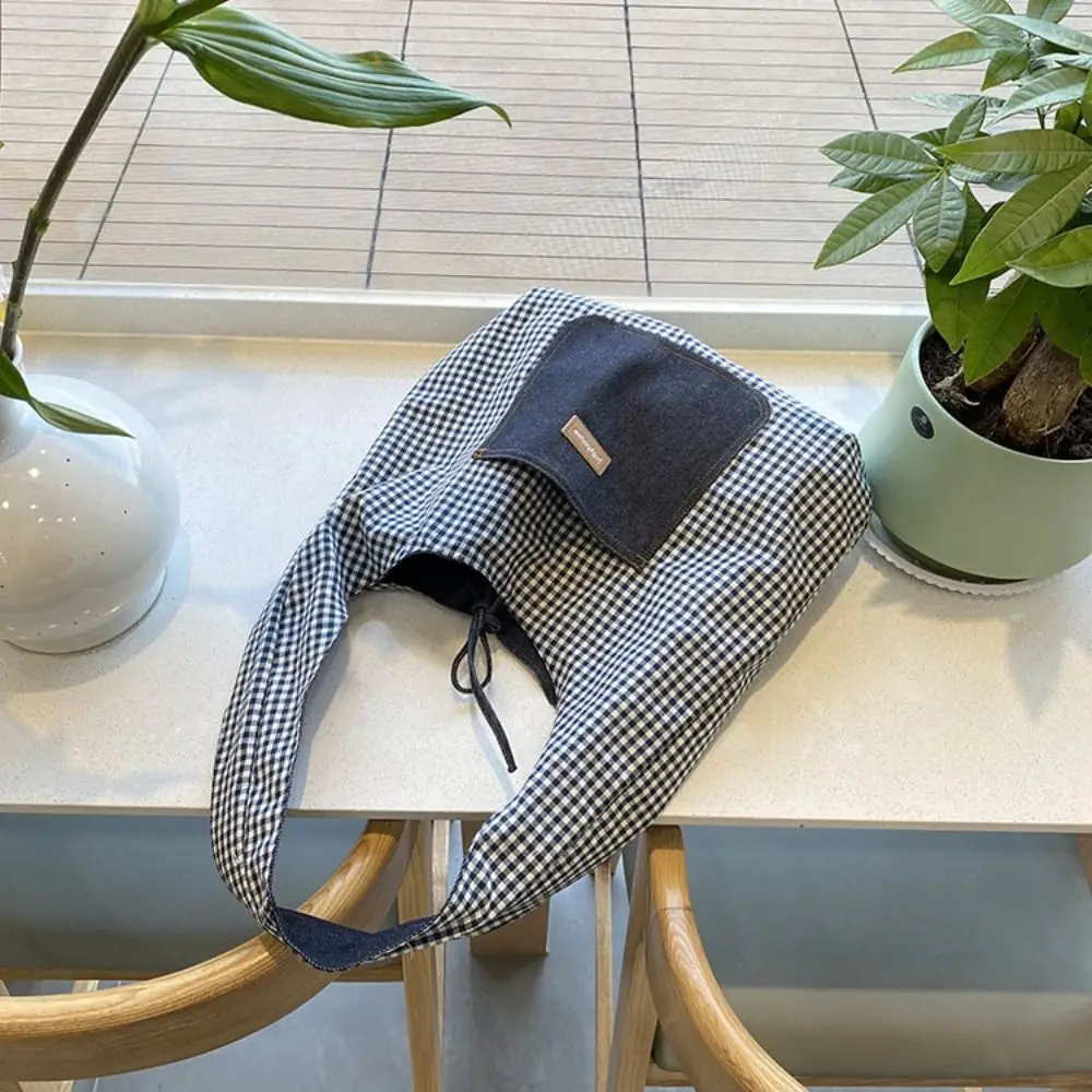 

Cloth Double Sided Plaid Denim Vest Bag Retro Large Capacity Denim Shoulder Bag Geometric Korean Style Bohemian Messenger Bag