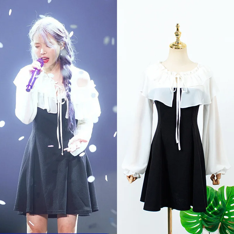 

kpop Korean Singer Concert summer loose casual waist black white splice dress ladies korean street new sexy slim women dresses