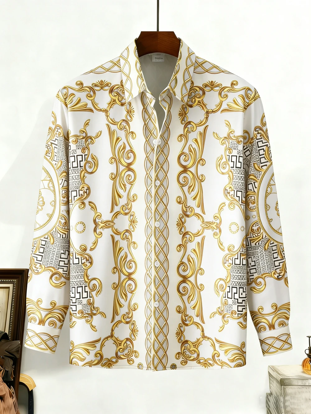 

men's new light luxury long-sleeved shirt European style curly grass pattern high-definition printed shirt designer clothing