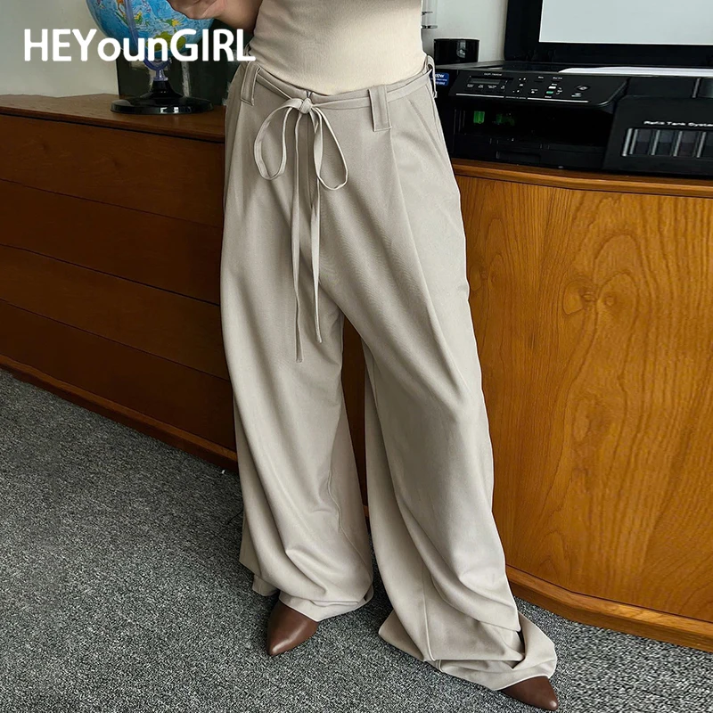 

HEYounGIRL Women Office Wear Loose Suit Pants Casual Minimalist Lace-up Straight Trousers Spring Summer Basic Baagy Pants 2025