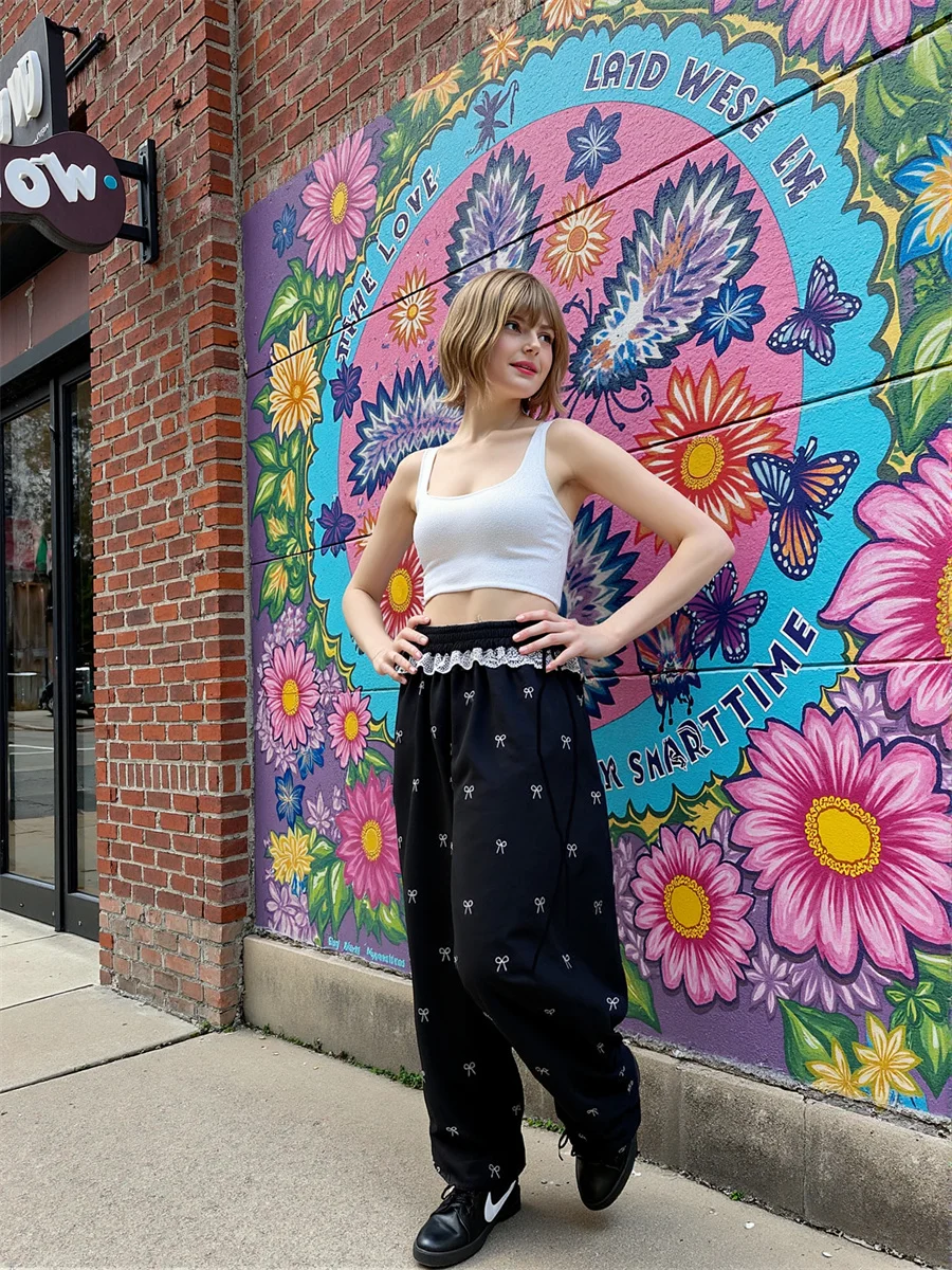 Pantaloni palazzo da donna con lacci larghi autunno orlo arricciato donna femminile chic moda a vita alta gamba dritta elegante casual unico