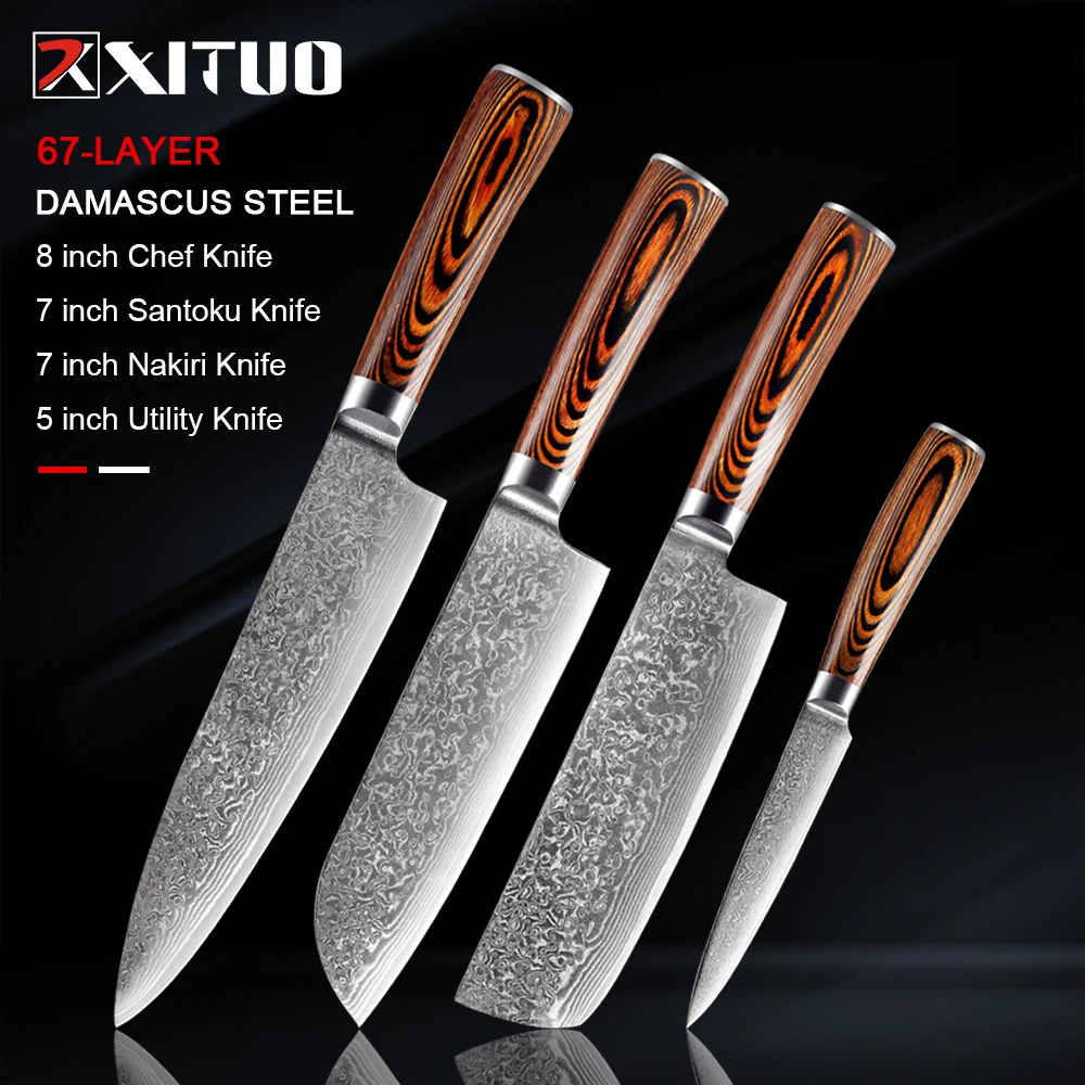 

XITUO 1-4pcs kitchen knives set Japanese Damascus steel kitchen knife VG10 chef boning Paring Santoku utility knives wood handle