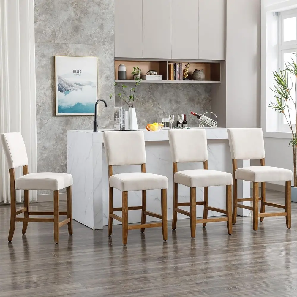 

Set of 4 Upholstered Counter Height Bar Stools with Wooden Legs, Beige Towel Cloth Included
