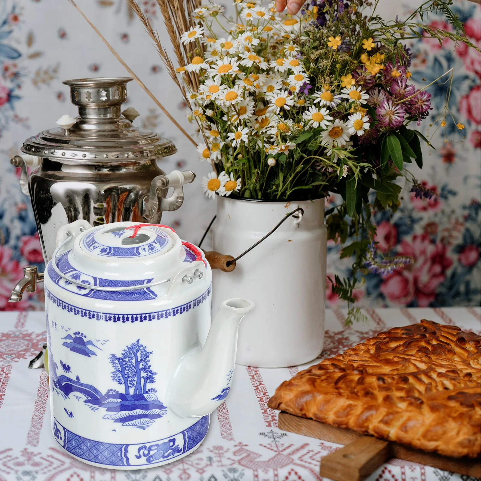 

Blue and White Porcelain Teapot Vintage Pot Elegant Retro Style Home Office Outdoor Use Porcelain Teapot