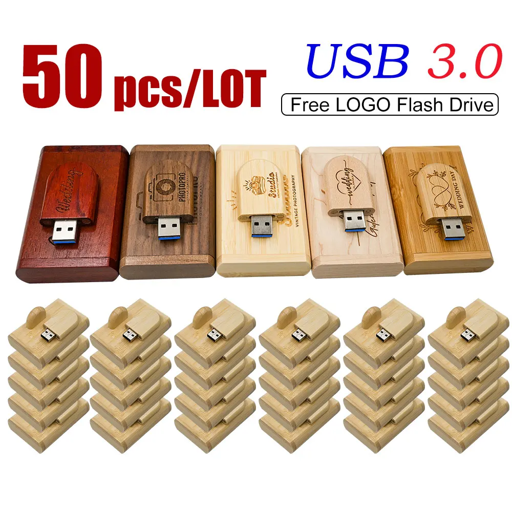 50PCS Wooden USB Flash Drive 3.0 128GB Free Custom Logo Memory Stick 64GB Creative Gift Box Pendrive 32GB Real Capacity U Disk