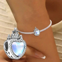 925 Silver Sparkling Love Cast Round  Zircon Charm Beads Fit Original Necklace Bracelet Silver 925 Women Jewelry