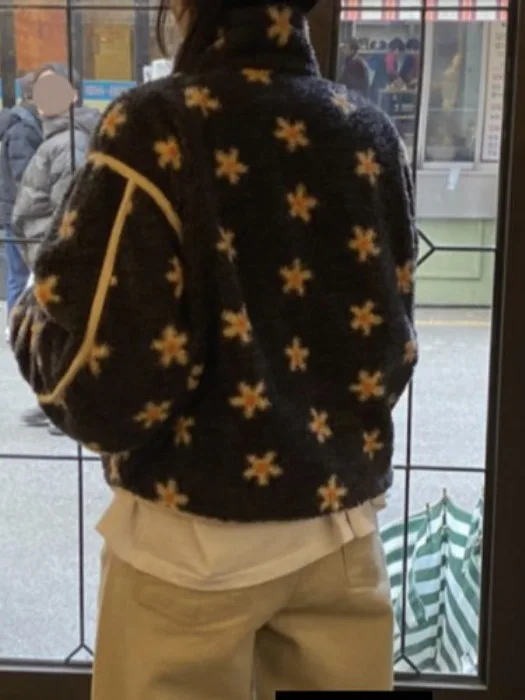 Retro Sweet Color Blo Flower Print Fluffy Zipper Cotton Jaet Women's Winter Loose Long Sve Warm Cotton Outerwear