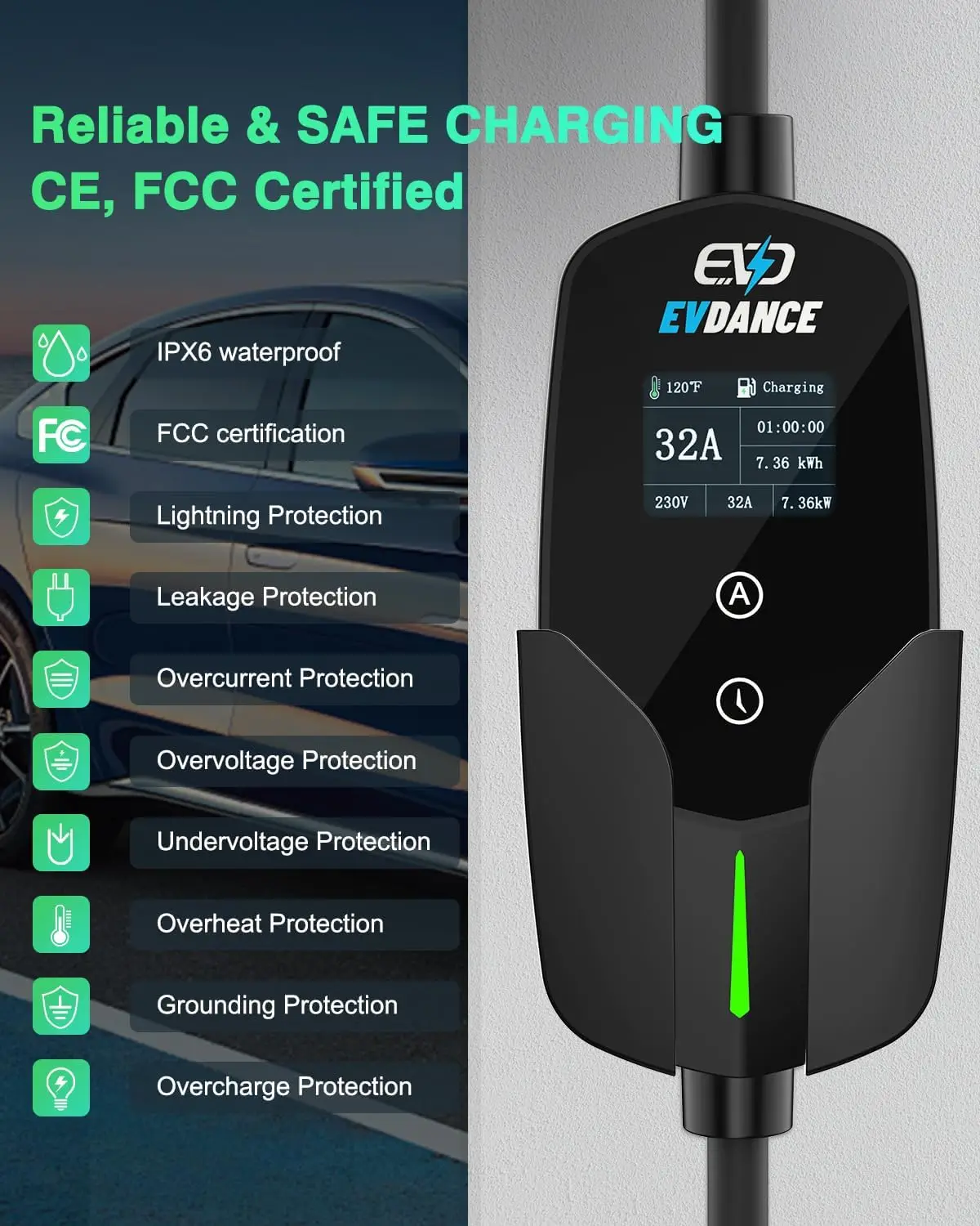 EVDANCE-Chargeur de voiture électrique 32A Type 2 EV 7,36 kW, câble 1 phase 20 pieds avec écran OLED, prise type 2 vers CEE IEC 62196