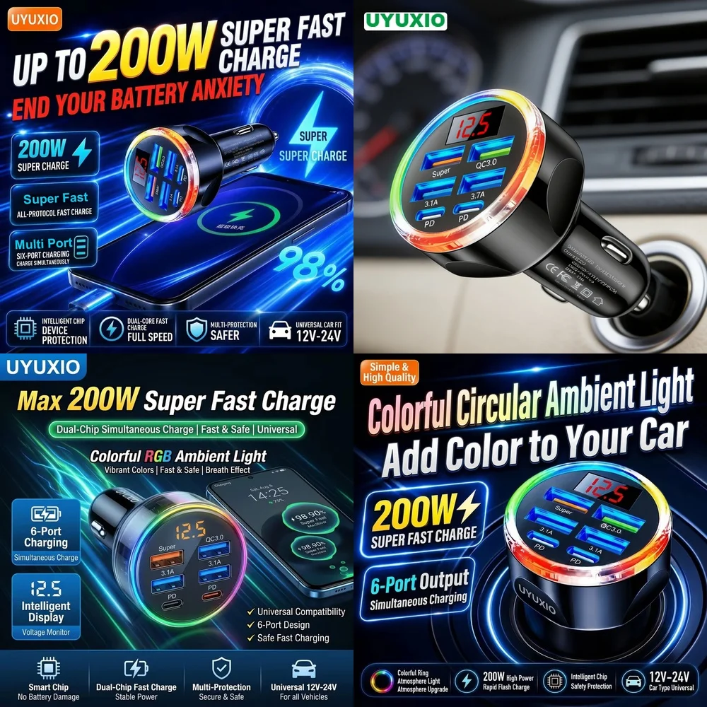 6 in 1 Fast Car Charger Adapter Electronics Products for iPhone 18 17 16 Samsung S26 S25 S24 with Fast Charging Multi Adapter