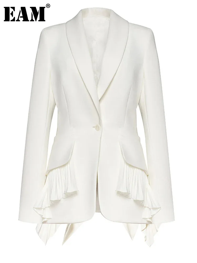 [EAM] chaqueta elegante plisada Irregular blanca con volantes para mujer, chaqueta de manga larga con solapa nueva, tendencia de moda para primavera