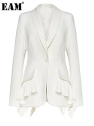 [EAM] Frauen Weiß Unregelmäßige Gefaltete Rüschen Elegante Blazer Neue Revers Langarm Jacke Mode Flut Frühling Herbst 2024 1DH4840