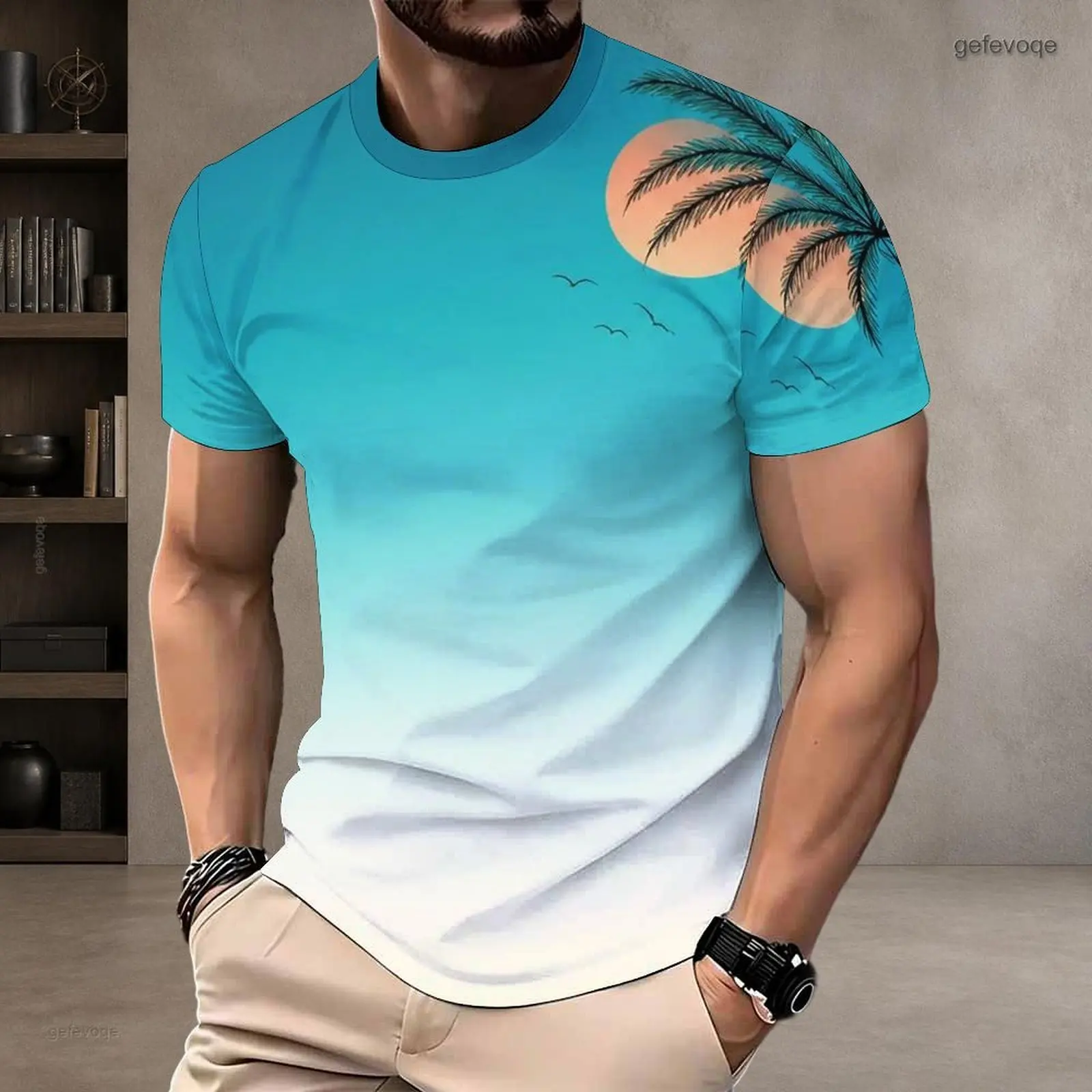 Men Round Neck Short Sleeve T-Shirt, White Base Green Teal Watercolor Splatter Shamrock Printed Tee
