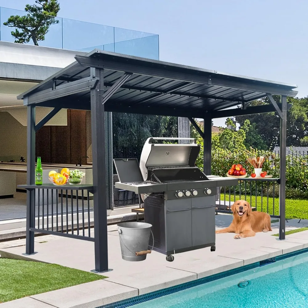 6.5x12FT Hardtop Grill Gazebo,Outdoor BBQ Gazebo with 2 Side Shelves and Ceiling Hook,Galvanized Steel Slope Roof for Patio Lawn