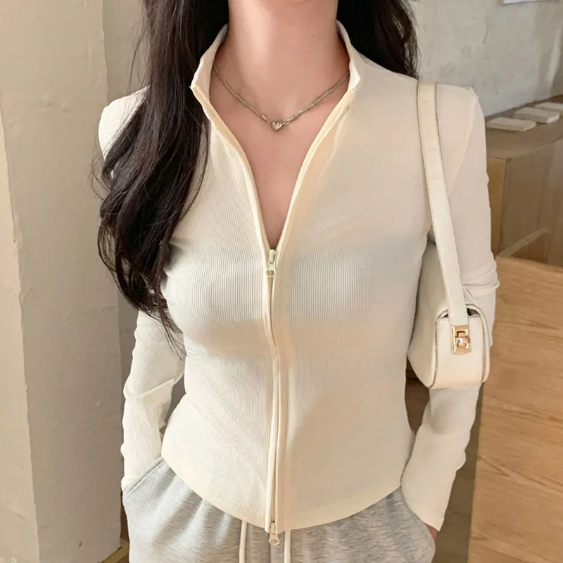 

Вязаный кардиган для женщин, новинка осени 202, свитер на молнии с длинными рукавами и воротником-стойкой, корейский облегающий короткий трикотаж, топы