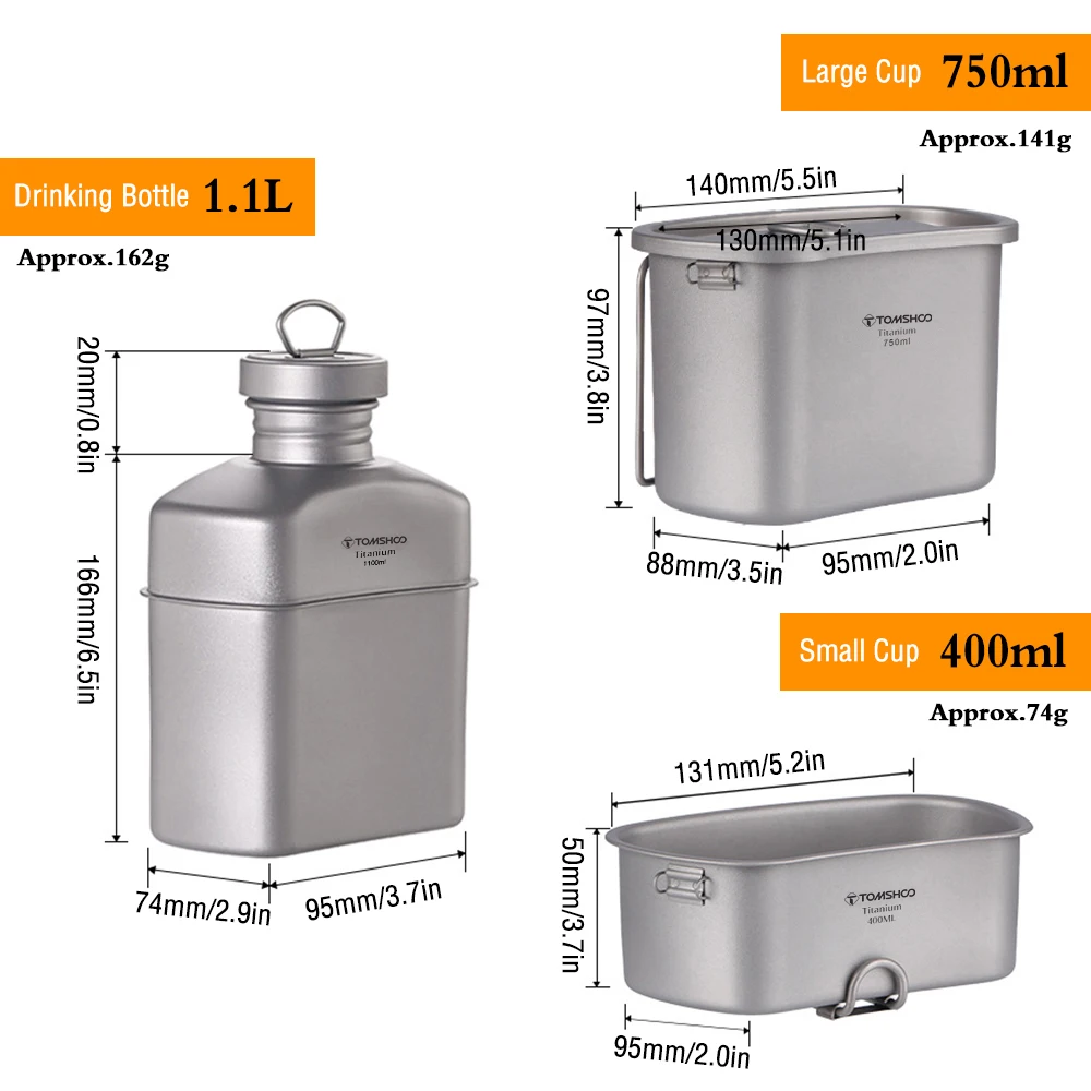 Tomshoo Outdoor Titanium Canteen Cups Set Ultralight Water Bottle Cookware Set Camping Dinnerware Drinking Kettle 1100/750/400ml