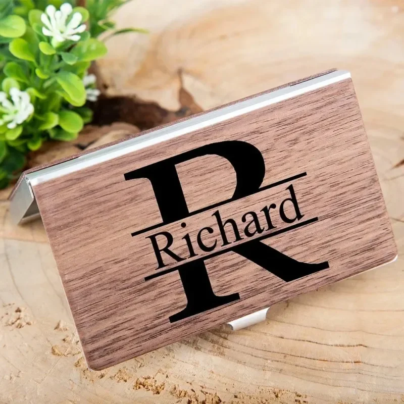 Custom Walnut Wood Clip Personalized Card Case Box Holder Laser Engrave LOGO Wooden Metal High-end Business Cardcase for Company