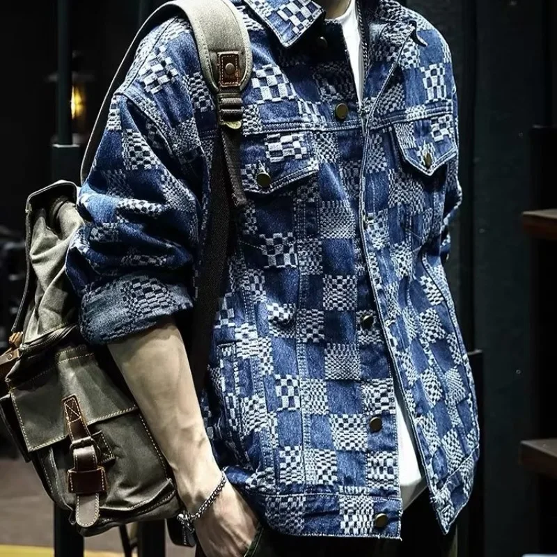 

Trendy Plaid Embroidered Denim Jaet Men's Loose Large Size Casual Haome Design Sense Clothes Autumn Season Outerwear