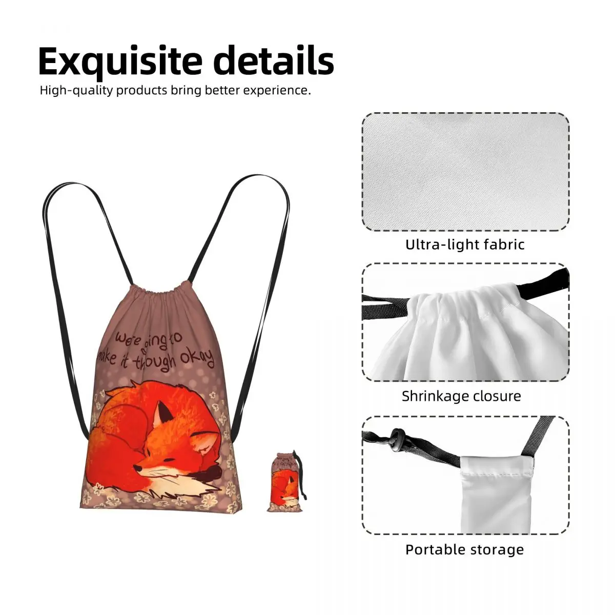 We're Going To Make It Through Okay Sleeping Flower Fox Drawstring Backpack Sports Gym Bag Lightweight Storage Drawstring Bag