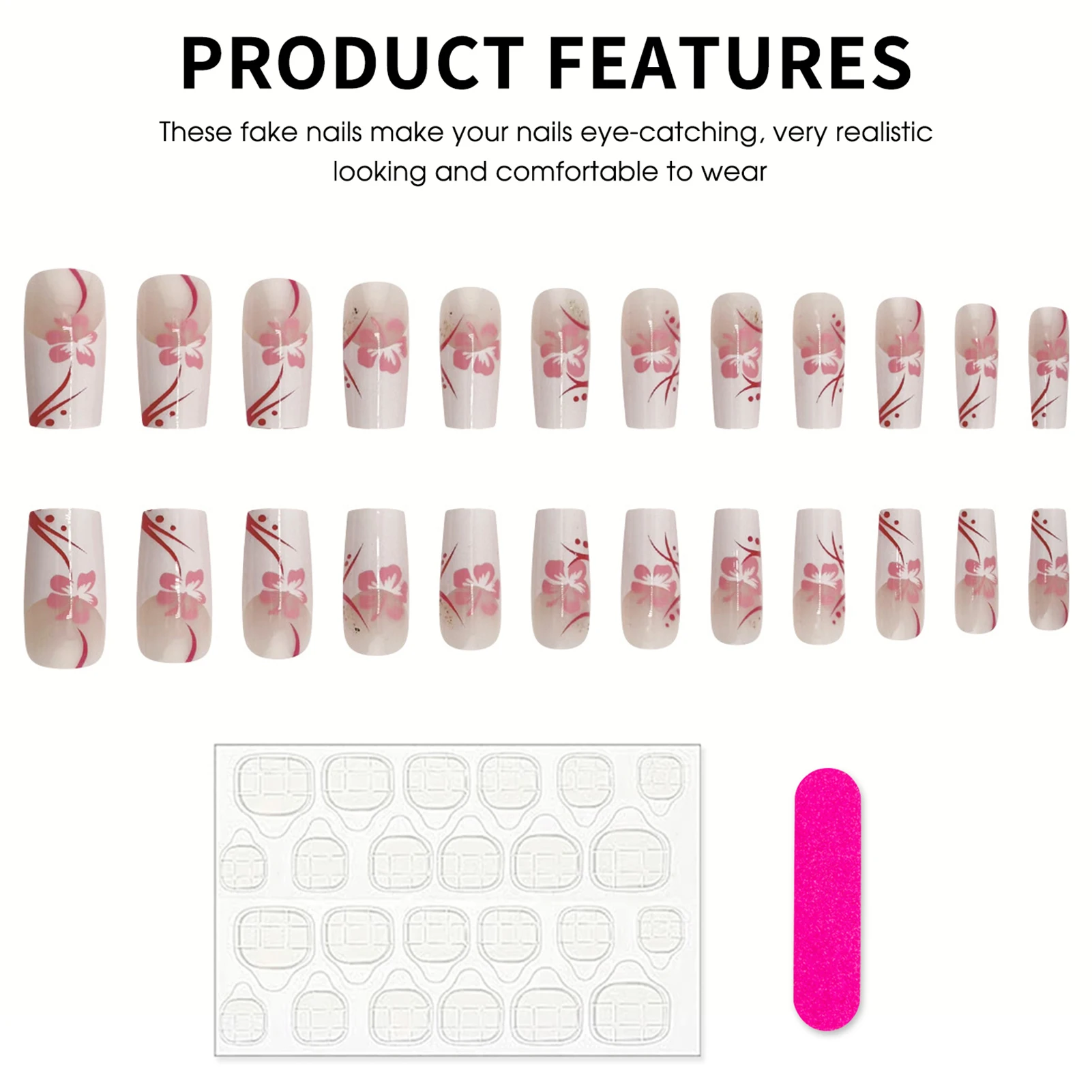 Dulce niña encantos uñas postizas 24 Uds blanco francés prensa en uñas flor rosa impresa longitud media ataúd uñas postizas arte