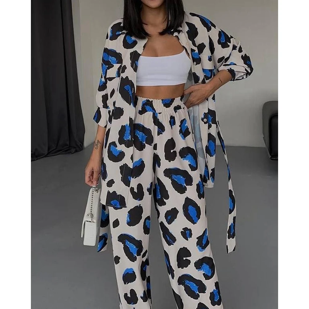 

Ladies Top and Down Sets Women Suits Ladys Casual Shirt & High Waist Wide Leg Pants Set Leopard Print Two Pieces Suits for Women