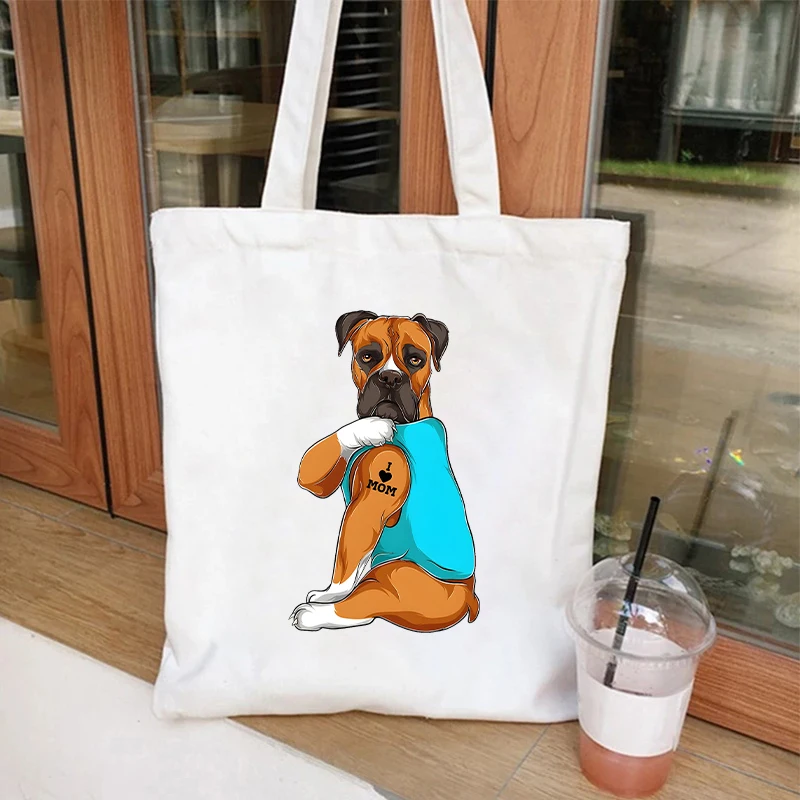 Funny Dog I Love Mom Print Shoulder Bags Women Canvas Tote Reusable Recycle Bag Eco Shopping Bags with Handbags Supermarket Bag