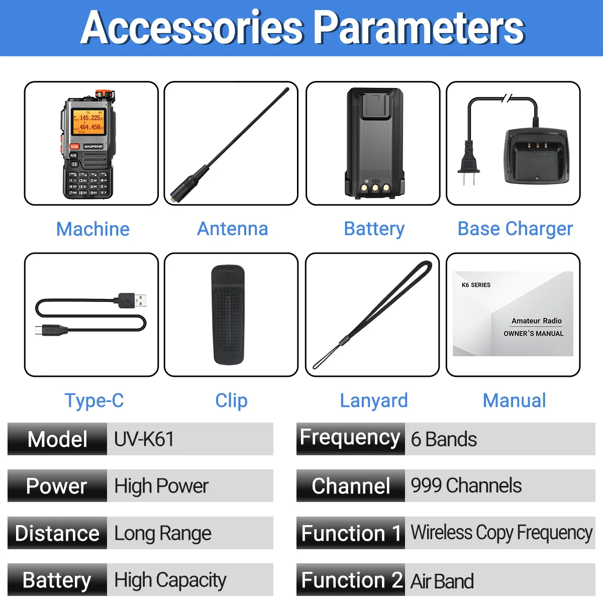 Baofeng UV-K61 Walkie Talkie a lungo raggio Wireless Copy Frequency Type-C Charger UHF VHF DTMF FM NOAA UV-5R aggiornato UV-K6 Radio