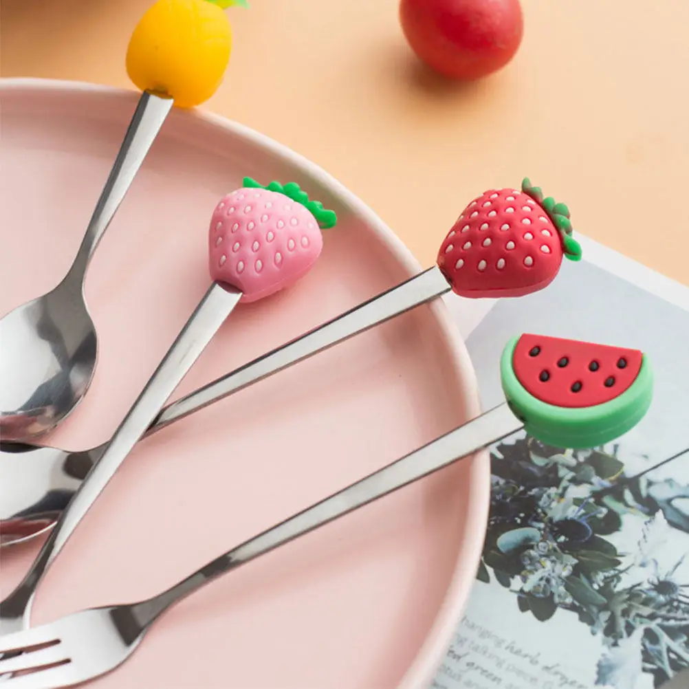 4Pcs Stainless Steel Fruit Forks with Silicone Decorative Handles Three Tine Dessert Forks for Birthday Party Carnival Festival