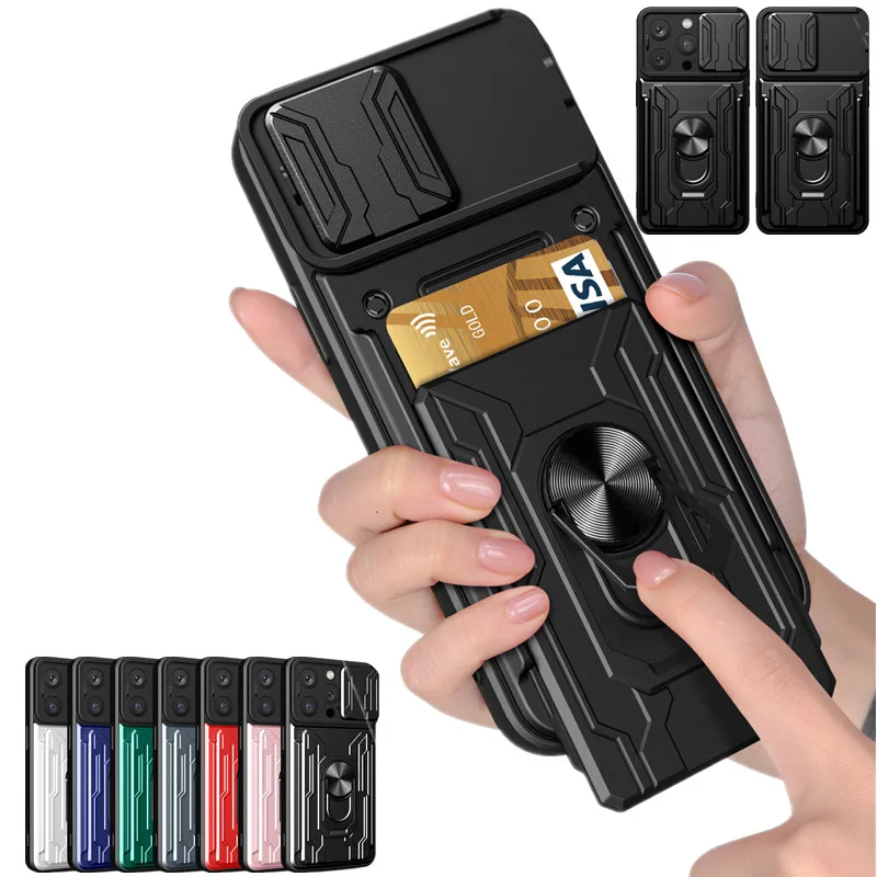 Wytrzymałe etui na iPhone'a 16 Pro Max 15 Plus 14 13 12 Pokrowiec z kieszenią na kartę Uchwyt na pierścień Wstrząsoodporny Fundas Coque Capa