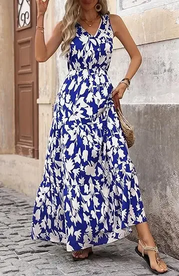 Women Floral Pattern Long Dress Sexy Sleeveless V-neck Print Dress New Summer Casual Vacation Boho Beach Maxi Dress Lady Vestido