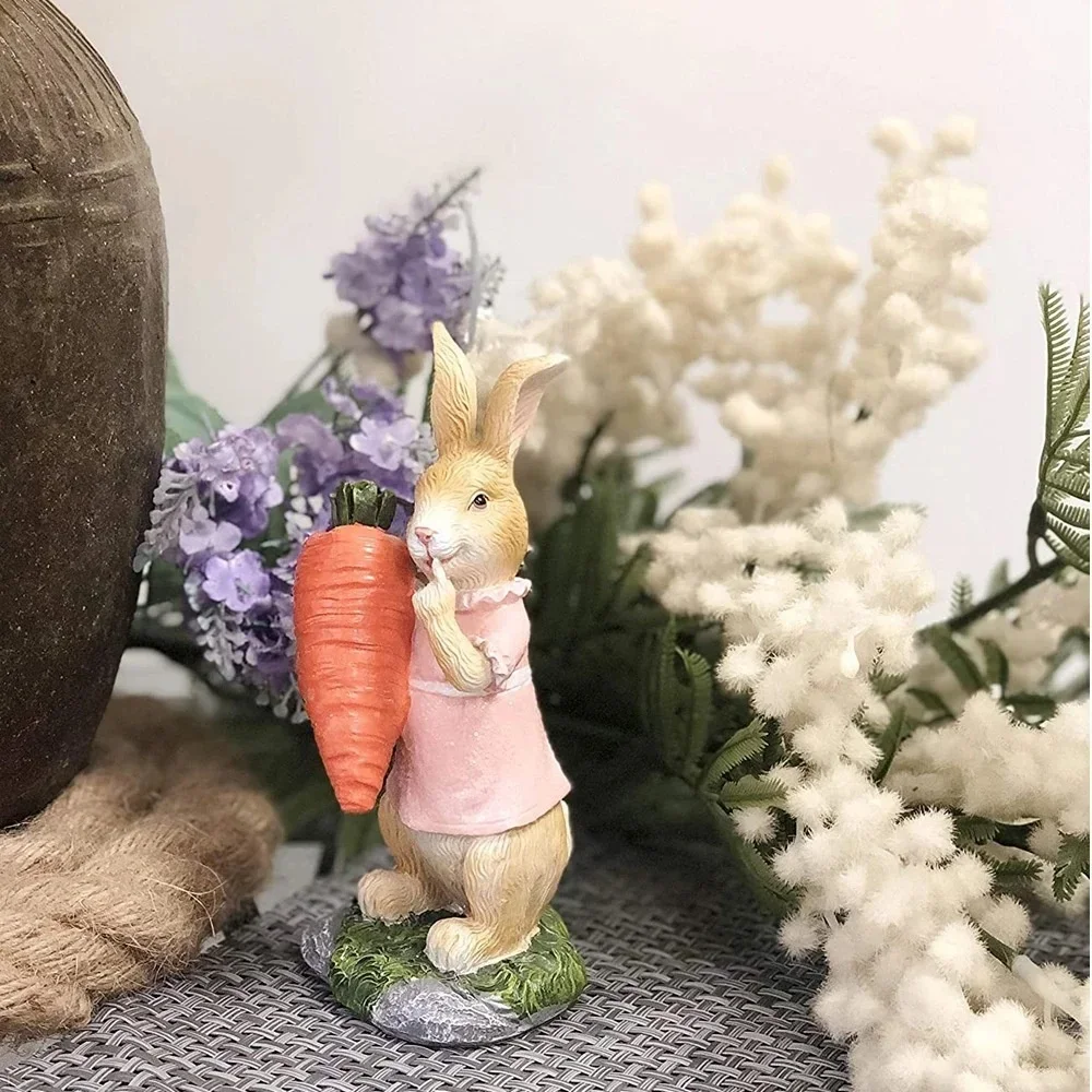 Conejo de Pascua de resina artesanal, muñeca de conejo, decoración de escritorio, abrazo de conejo, zanahoria, estatuilla, decoraciones de jardín,