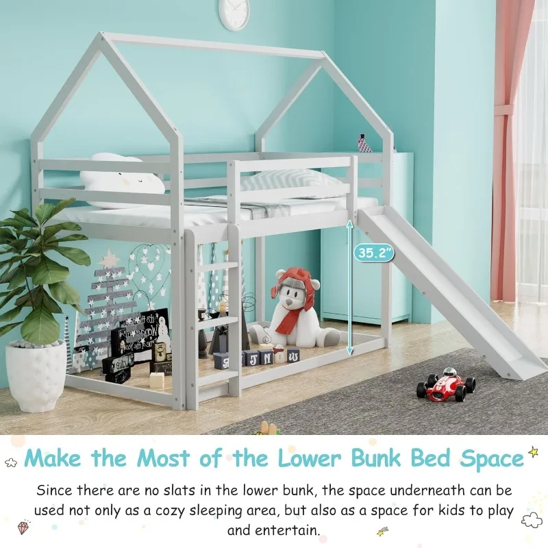 House Bunk Bed with Convertible Slide and Ladder Floor Bunk Bed Twin Over Twin with Safety Guardrail Bunk Bed with Roof