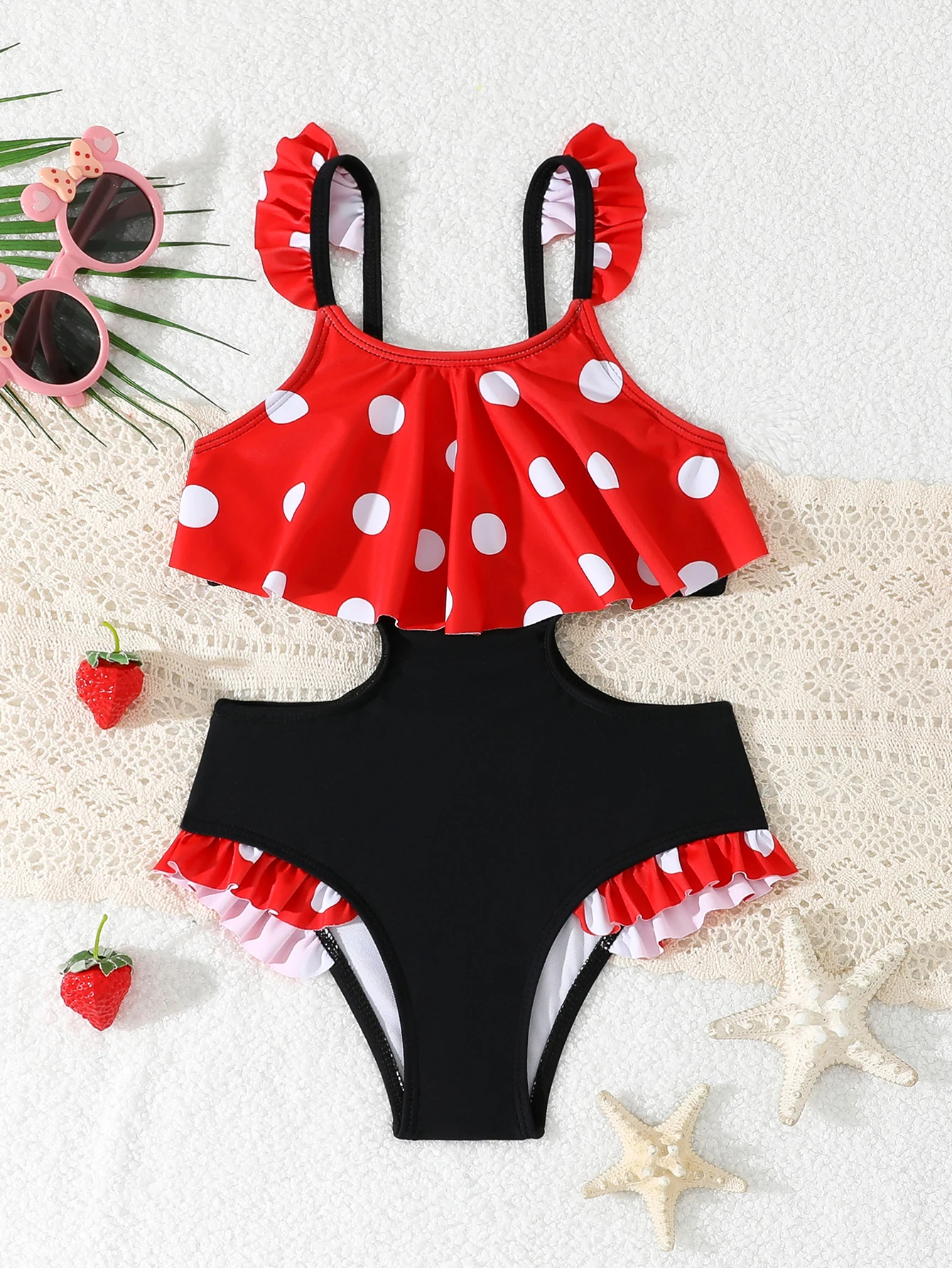 

2026 Strappy Ruffle Little Girls Swimsuit One Piece Hollow Printed Swimwear Children Bathing Swimming Swim Suit 4Y-7Y
