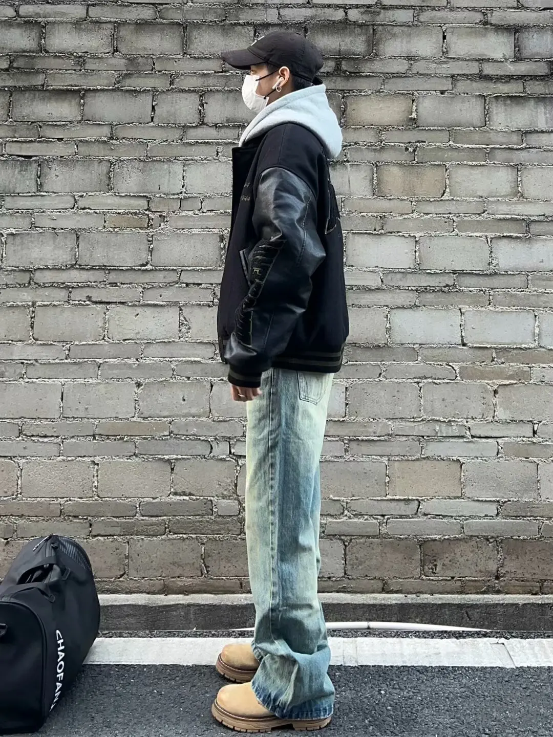 

Youth American Bla Embroidered Woolen Baseball Jaet Men's Trendy Casual PU Coat Color Blo Contrast Splicing Outerwear