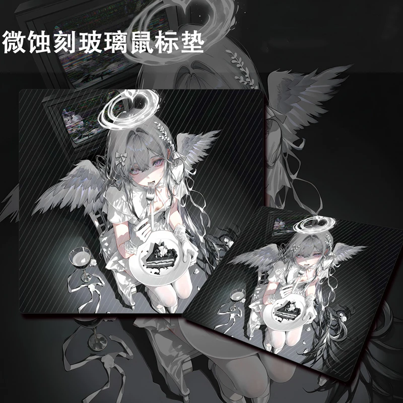 Anime Angel Girl Kawaii YUME Tempered Glass Gaming Mouse Pad Frosted Surface FPS Gaming Office Desktop Custom Mat Accessories