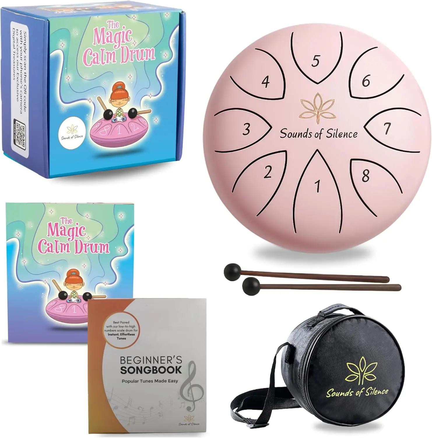 

6 Inch 8 Note Handpan Drum with Storybook & Songbook, Calming Music for Kids Ages 3-8, Anger Management Toy, Pink