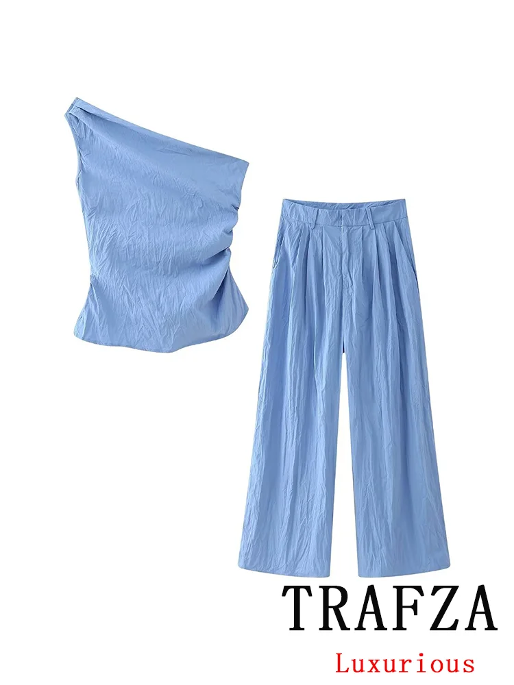 TRAFZA Vintage Casual Chic Women Solid Suit Skewcollar Pleated Top Loose Long Wide Leg Pants New Fashion 2024 Summer Holiday Set