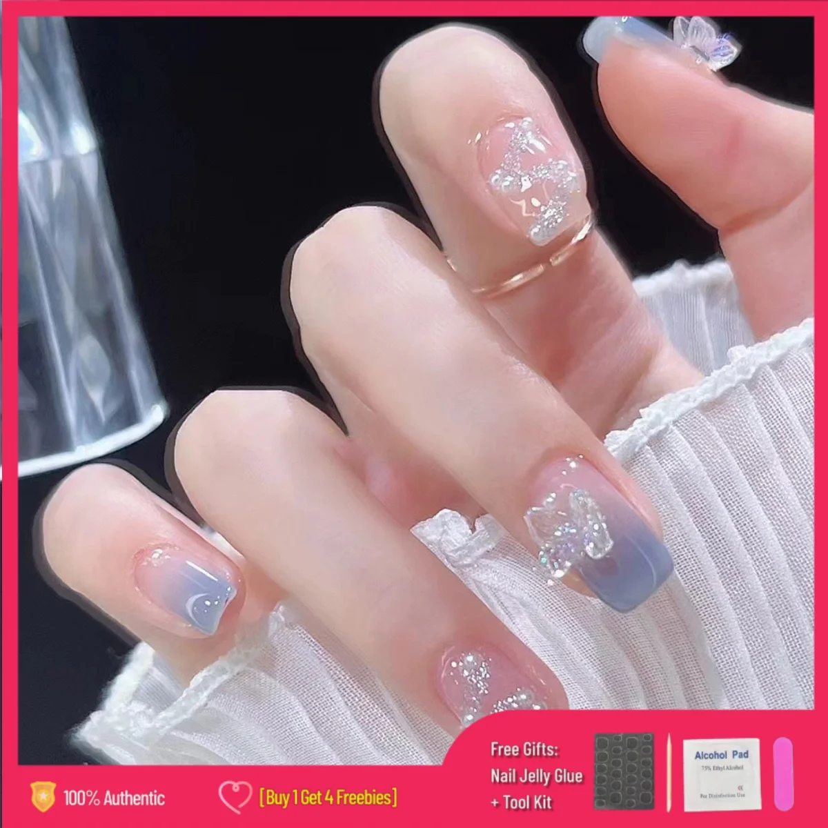 【Pegamento de gelatina gratis + regalo】 24 unids/set uñas postizas para decoración de uñas con diamantes brillo rosa plateado usando puntas de uñas postizas reutilizables