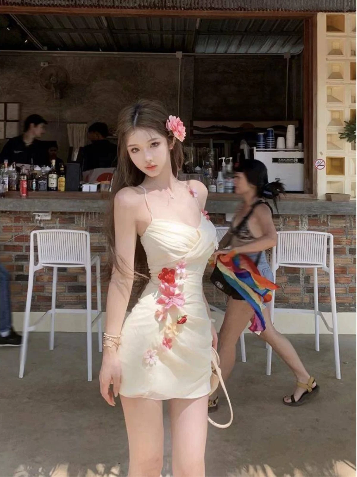 

Pure Desire Floral Halter Dress Women's Waist-Cinching Design Summer Vacation Short Skirt Spicy Girl French Style Embroidered...