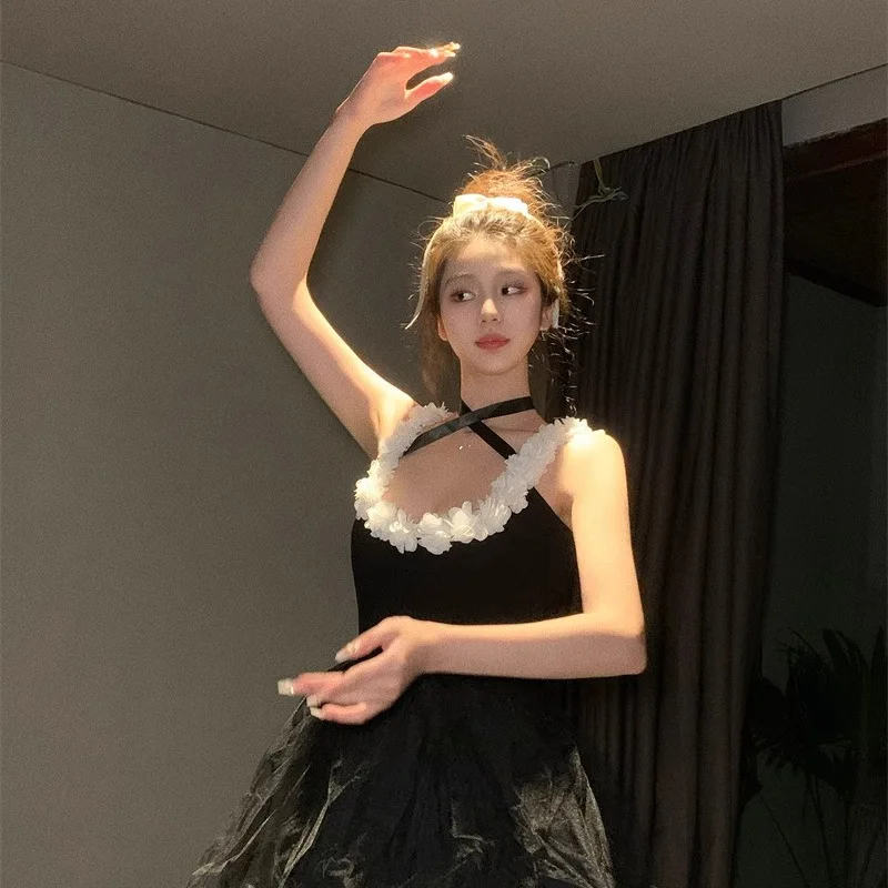 Letnia seksowna sukienka na ramiączkach z dekoltem typu O, bez pleców, damska sukienka, jednolita, wiązana, kwiatowa, bez rękawów, suknia balowa, elegancka, dopasowana bluzka damska.