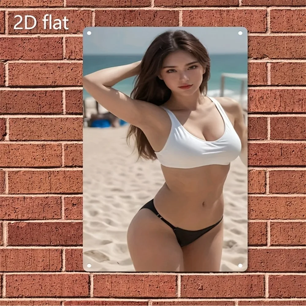 2D 1PC Bikini Beach Art Metal Poster - White Bikini & Black Swimsuit Woman Print for Home Bar Cafe Bathroom Decor