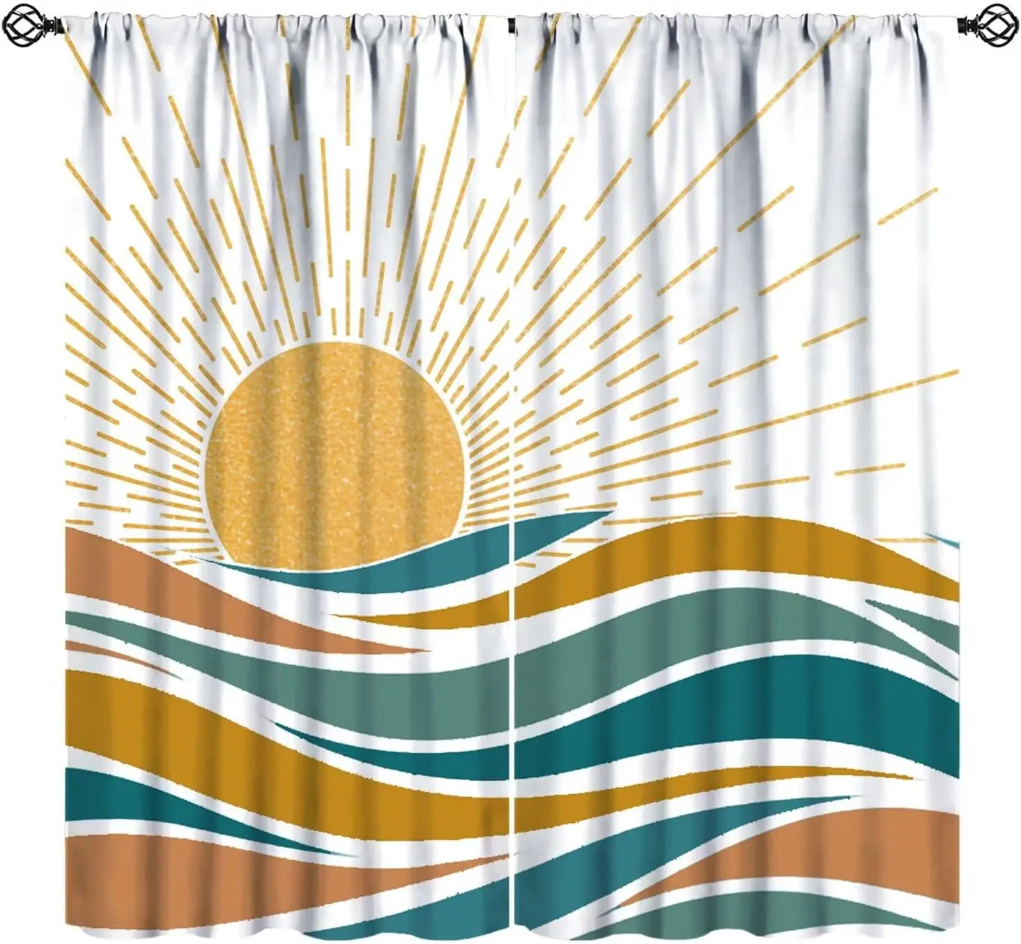 Boho Coastal Sunset Curtains Drapes Light Filtering Window Decor Wave Pattern Beach Tropical Nautical Yellow Blue Modern Sheer C