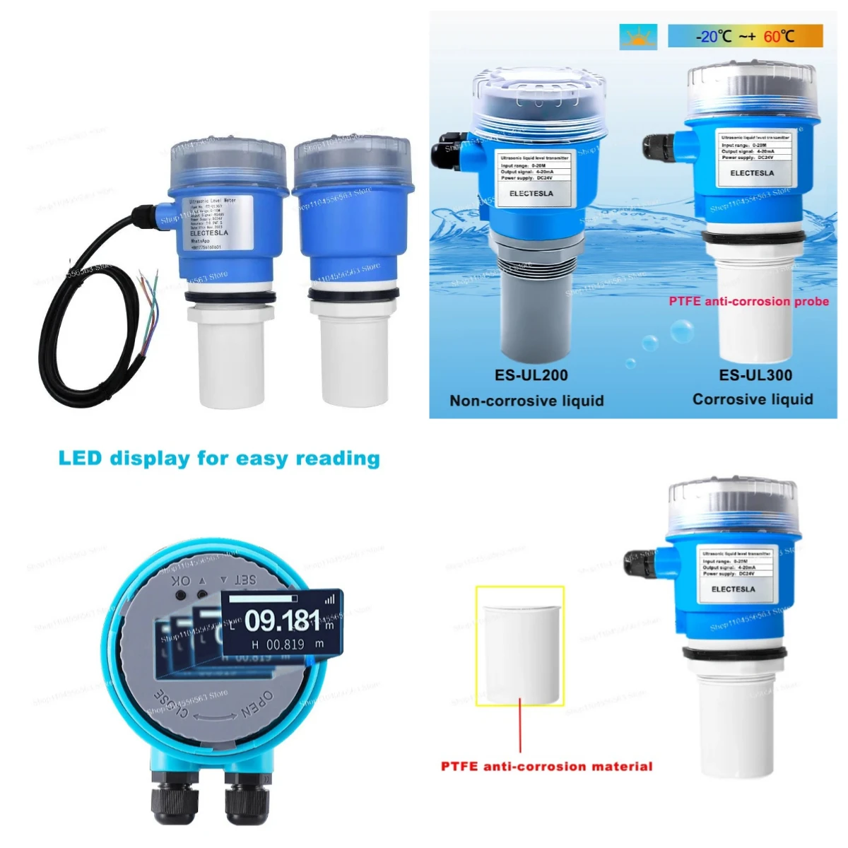 Ultrasonic Level Sensor Compact Water Level Meter Anti-Corrosion Explosion-Proof for Tank Liquid & Bulk Material Measurement