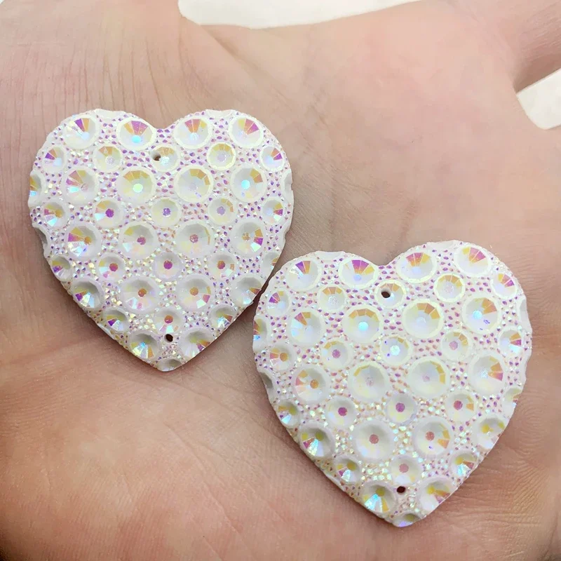 10pcs 35mm resin Heart rhinestone flatback cabochon Gems for DIY jewelry craft wedding decoration 2 holes button -T15