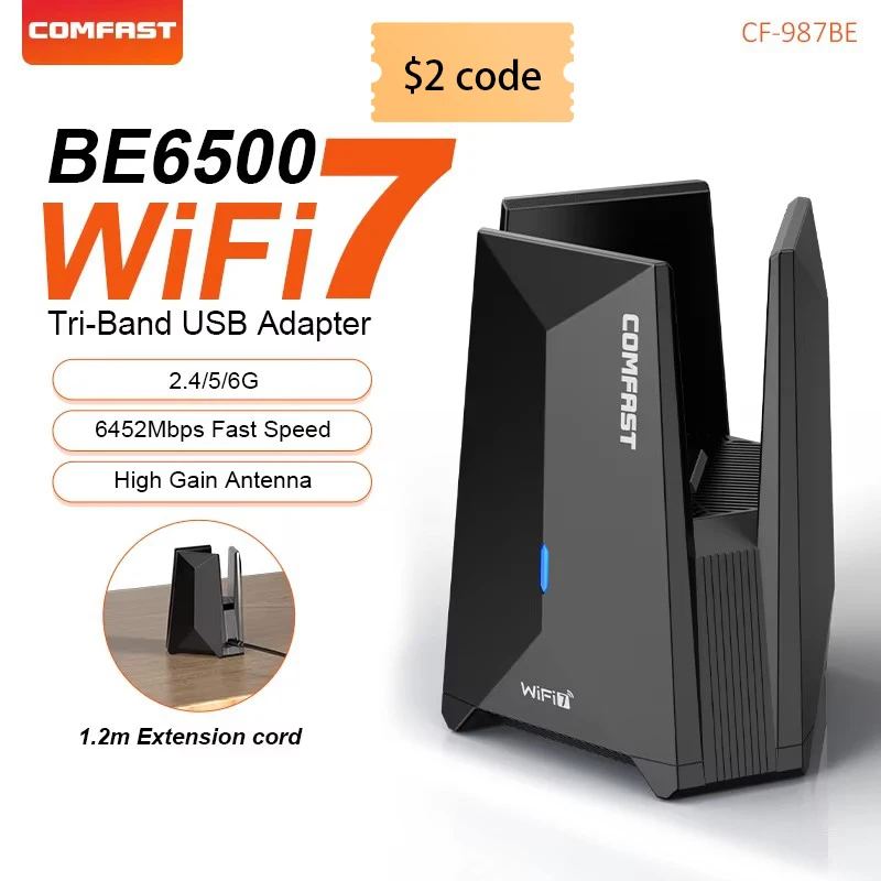 BE6500 WiFi 7 Adapter USB3.0 Tri-Band WiFi7 Antenne 6452 Mbit/s 2,4 G/5,8 G/6 G Wi-Fi Empfangen Treiberfrei für PC Win10/11 CF-987BE