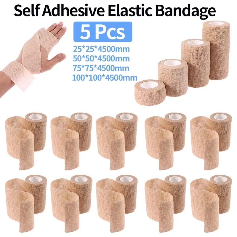 5 Pcs 2.5/5/7.5/10cm Self Adhesive Elastic Bandage Cohesive Non-woven Wraps Tape Disposable for Sports Fixing Finger Wrist Leg
