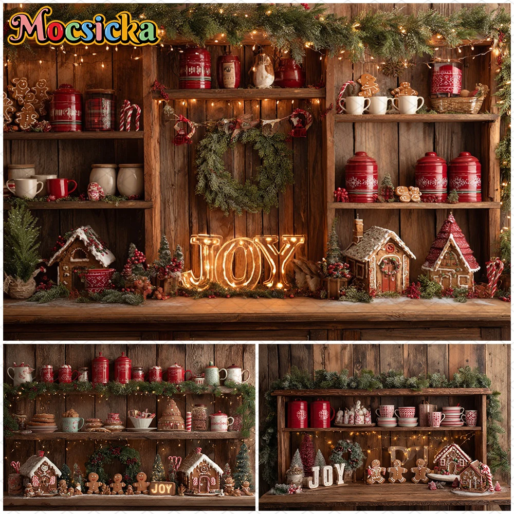 

Mocsicka Christmas Kitchen Backdrop Wooden Cabinet Tableware Decorations Christmas New Year Party Festival Backgrounds Wallpaper
