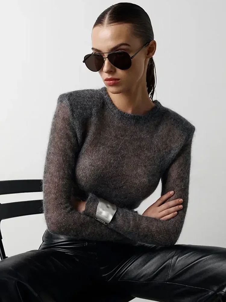 Chic Black See-Though Knitted Sweater Women Fall Thin Mohair Wool Sweater Slim Sexy Thin Sweater Autumn New Lady Streetwear